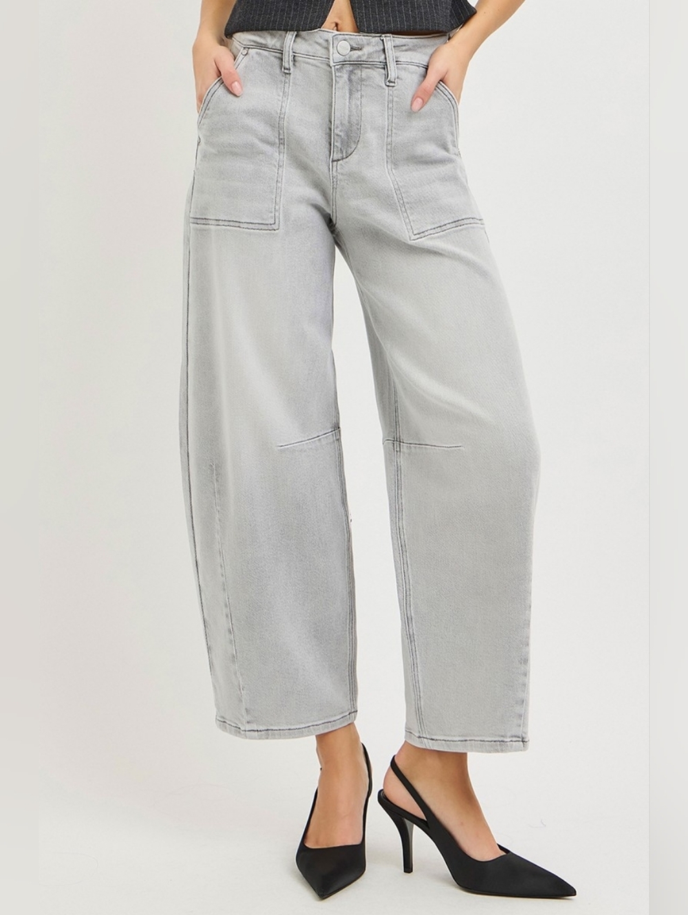 RISEN High Rise Slouchy Barrel Jeans Grey Stretch Neutral Ankle Various NEW - Picture 5 of 15